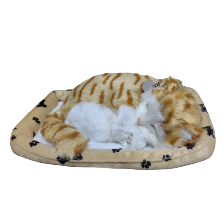 Jucarii din Plus - Mascote din Plus(3 ani +) - Pisicuta bej tarcata de plus, realista care doarme, cos bej
