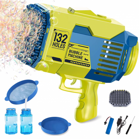 Jucării exterior - Pistol Baloane de Sapun Bubble Rocket Verde 2 Capete Lumina Acumulator