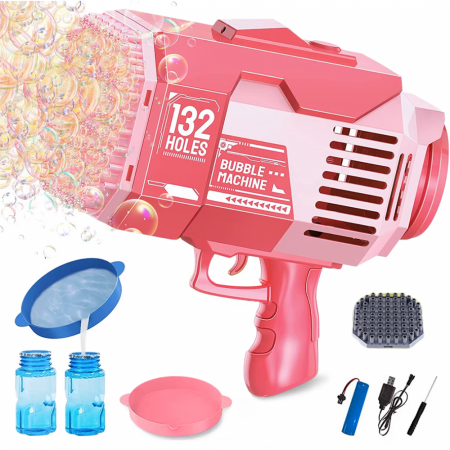 Jucării exterior - Pistol Baloane de Sapun Bubble Rocket Roz 2 Capete Lumina Acumulator