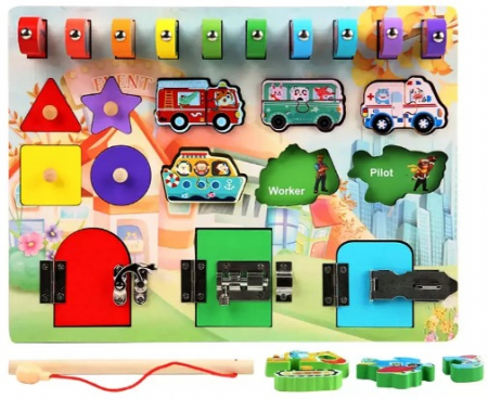 Jocuri educative (3 ani +) - Placa Montessori Busy Board Inchizatori Puzzle Forme Geometrice Joc Pescuit Magnetic