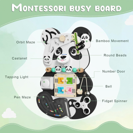 Placa Montessori de Activitati 9 in 1 Panda Busy Board - Jucarie Senzoriala din Lemn [3]