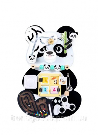 Jocuri educative (3 ani +) - Placa Montessori de Activitati 9 in 1 Panda Busy Board - Jucarie Senzoriala din Lemn