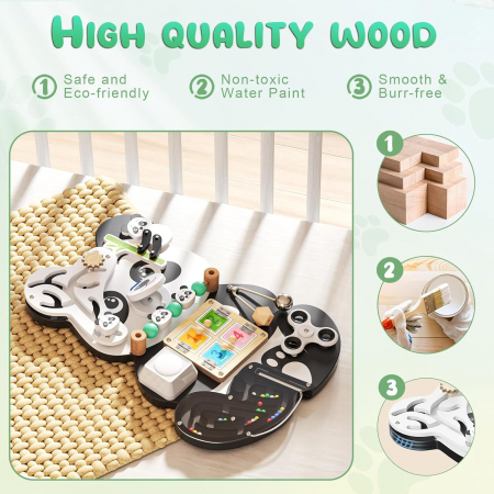 Placa Montessori de Activitati 9 in 1 Panda Busy Board - Jucarie Senzoriala din Lemn [2]