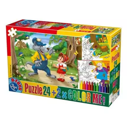 Jocuri creative (3 ani +) - Set Puzzle 24 piese + 2 fișe de colorat și 12 creioane colorate Scufița Roșie