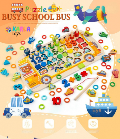 Table educative (3 ani +) - Puzzle incastru Lemn Autobuzul Logaritmic 5 in 1