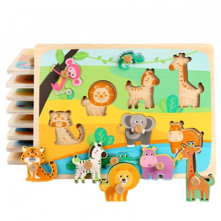 Jucarii Copii - Puzzle din Lemn cu manere Animale salbatice