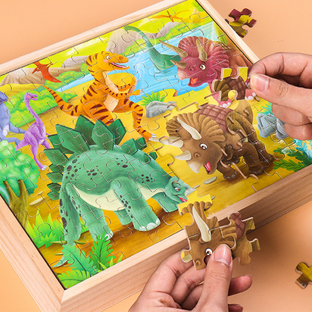 Joc Puzzle din lemn Dinozauri 4 in 1 cu cutie [1]