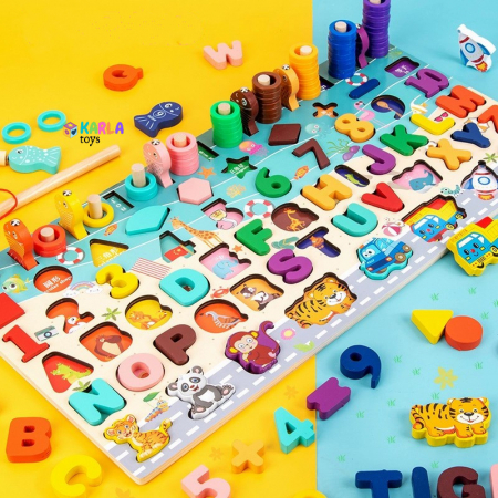 Table educative (3 ani +) - Joc Montessori din Lemn Puzzle incastru Cifre si Litere 6 in 1