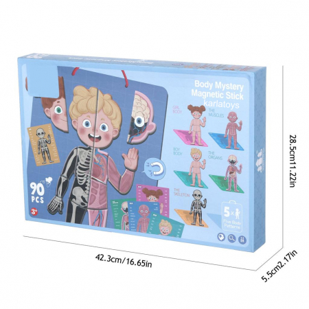 Jocuri educative (3 ani +) - Puzzle magnetic din Lemn Corpul Uman Fetita si Baiat 90 de piese