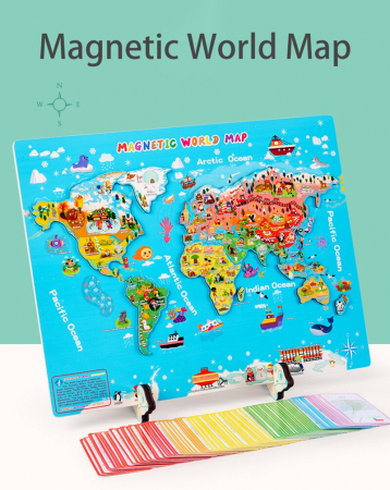 Table educative (3 ani +) - Joc Magnetic Jigsaw Puzzle Harta Lumi din Lemn cu Carduri Educative