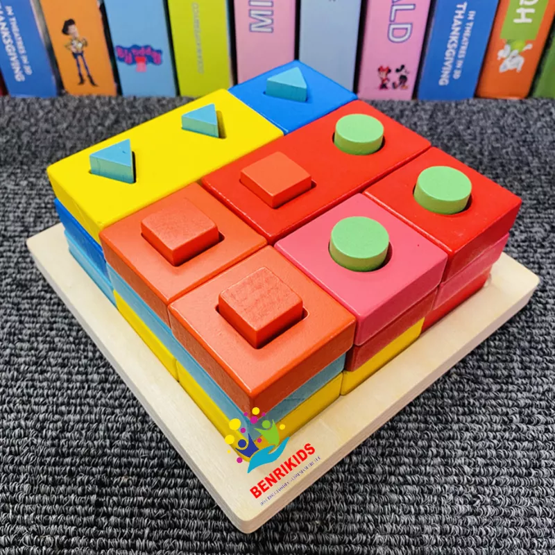 Jucarii din lemn si Montessori - Puzzle Montessori din lemn cu forme geometrice
