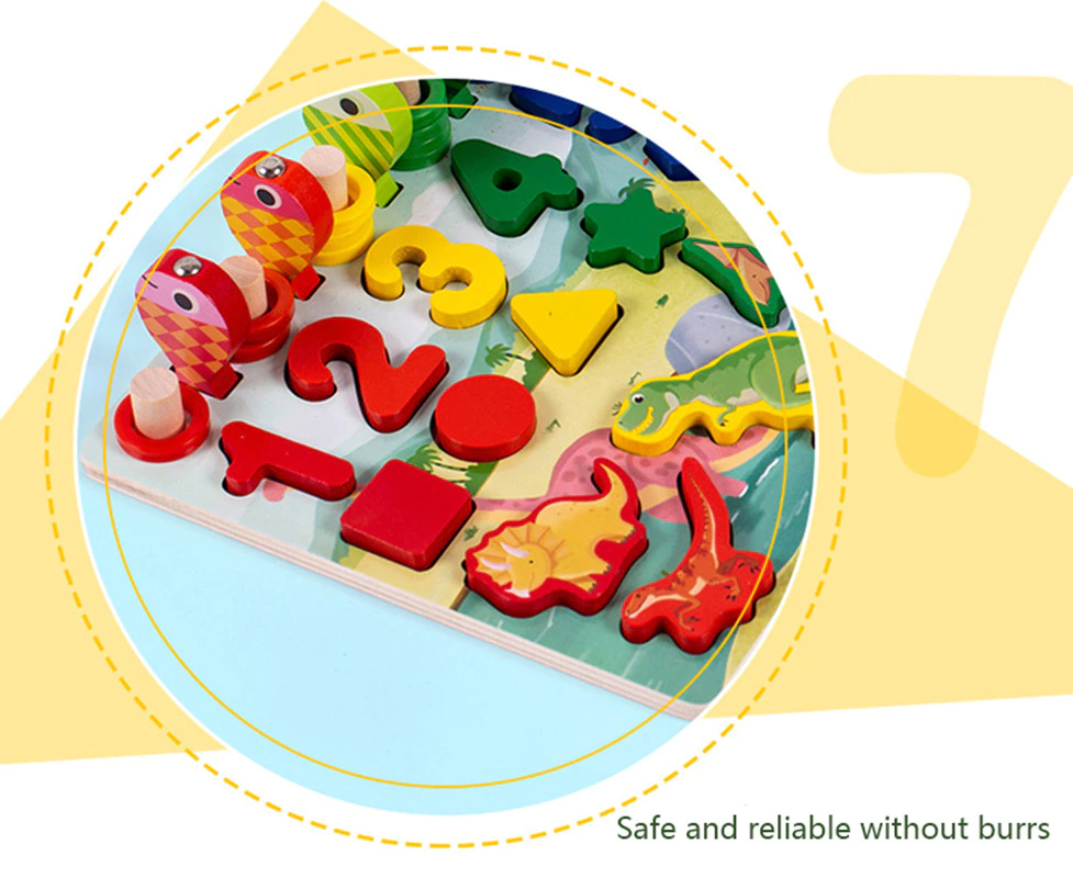 Joc Montessori Puzzle Dinozauri 5 in 1 Joc logaritmic, joc pescuit, Cifre, Forme Geometrice [4]