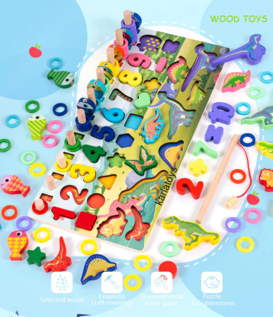 Jocuri educative (3 ani +) - Joc Montessori Puzzle Dinozauri 5 in 1 Joc logaritmic, joc pescuit, Cifre, Forme Geometrice