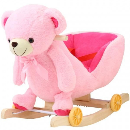Balansoare /Scaune Bebe - Scaun Balansoar Ursulet Roz de Plus cu Centura pentru Copii - 2 in 1 cu Sunete