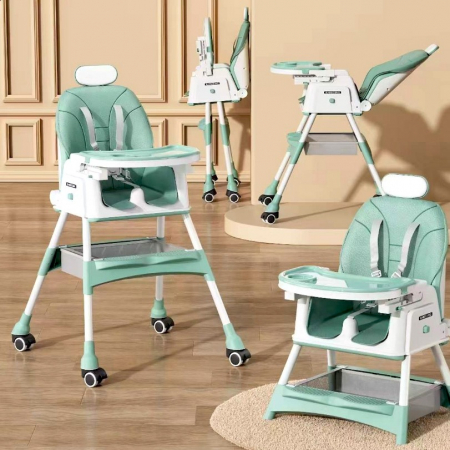 Scaun masa copii - Scaun de masa 2in1 bebe, reglabil si pliabil, piele PU, roti cu frana, Verde