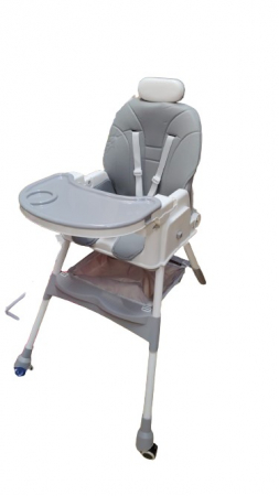 Scaun masa copii - Scaun de masa 2in1 bebe, reglabil si pliabil, piele PU, roti cu frana, Gri