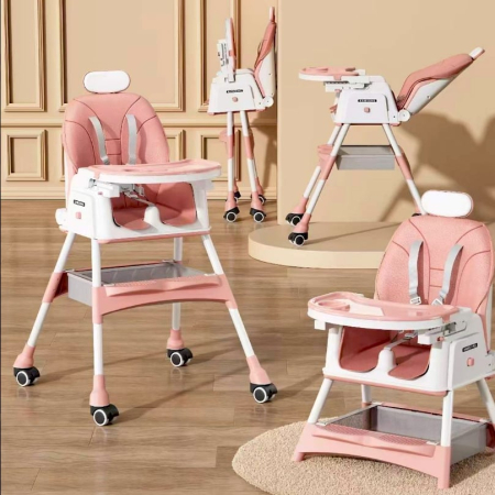 Scaun masa copii - Scaun de masa 2in1 bebe, reglabil si pliabil, piele PU, roti cu frana, Roz