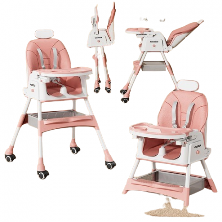 Scaun masa copii - Scaun de masa 2in1 bebe, reglabil si pliabil, piele PU, roti cu frana, Roz