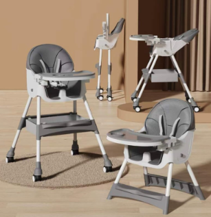 Scaun de masa 2in1 bebe, reglabil si pliabil, piele PU, roti cu frana, Gri [1]