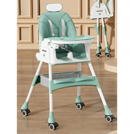 Scaun de masa 2in1 bebe, reglabil si pliabil, piele PU, roti cu frana, Verde [4]