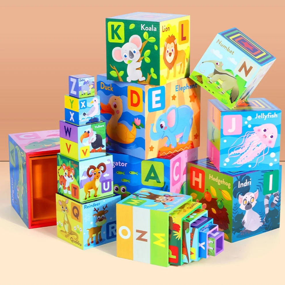 Set 10 Cuburi din Lemn de Stivuit Montessori Animale si Litere [1]