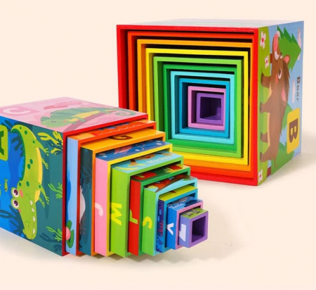 Set 10 Cuburi din Lemn de Stivuit Montessori Animale si Litere [3]