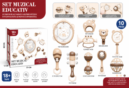 Jucarii - Set 10 Instrumente Muzicale Bebe Ursuleti, Toba Zornaitori Trompeta
