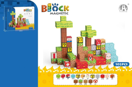 Jocuri educative (3 ani +) - Set 102 Cuburi Magnetice Tip Minecraft – Constructii STEM -
