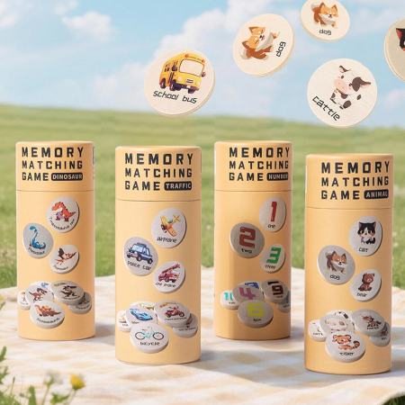 Jucarii din Lemn & Montessori - Set 4 Jocuri Memoriy Matching din Lemn, 80 Jetoane, Montessori 3+