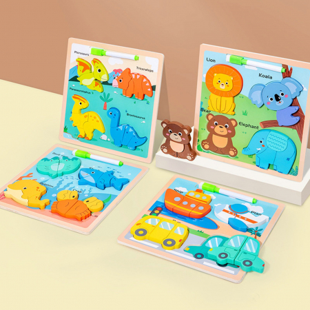 Table educative (3 ani +) - Set 4 Puzzle Incastru 2 in 1 cu Tabla de scris si Marker