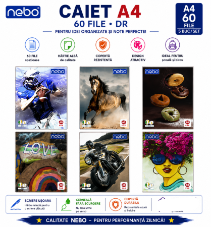 Accesorii de Scoala - Set 5 Caiete A4, 60 File, Dictando, Design Colorat