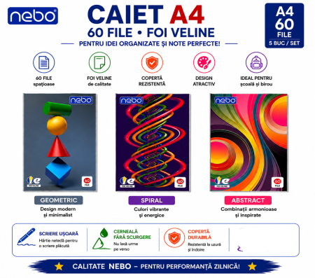 Accesorii de Scoala - Set 5 Caiete A4, 60 File, Foi Veline, Design Colorat