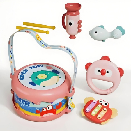 Set 5 instrumente muzicale copii – toba, xilofon, maracas, tamburina, corn [1]