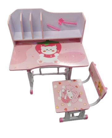 Birou  cu Scaun Copii - Set Birou copii cu scaun Reglabil suport carte si raft de caiete Roz cu Alb