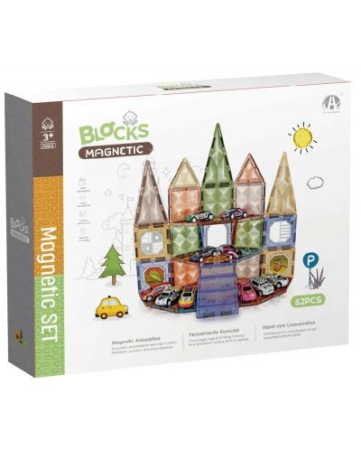 Jucarii Copii - Set Blocuri Magnetice cu Masini, 62 Piese, Set STEM Educational