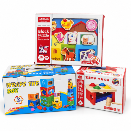 Idei de cadouri - Set cadou din lemn cu turn de cuburi, banc cu ciocănel și puzzle cu animale pentru copii 3 ani+