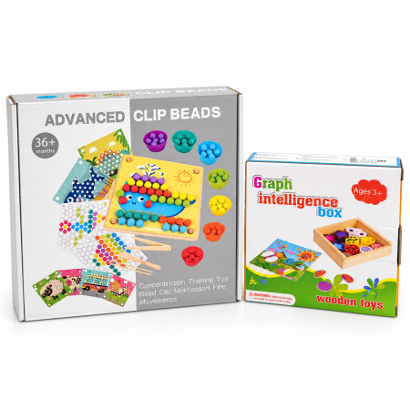 Idei de cadouri - Set cadou Montessori Clip Beads cu 77 de bile și puzzle din lemn Graph Intelligence Box