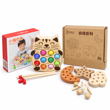 Idei de cadouri - Set Montessori din lemn: joc de pescuit magnetic Pisicuța și jucării de înșirat