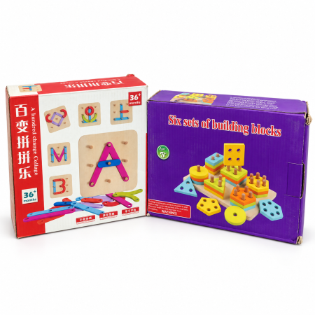 Idei de cadouri - Set cadou Montessori din lemn: tablă cu litere și sortator de forme