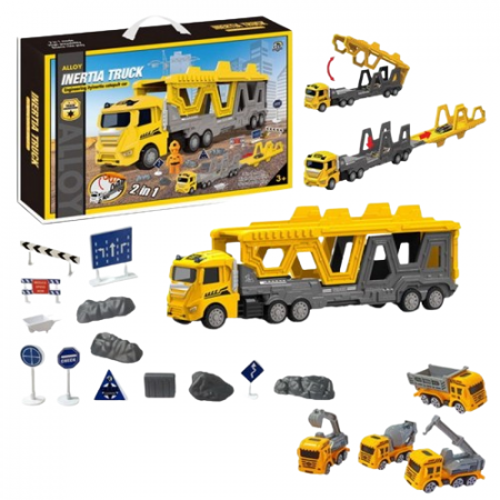 Masinute si Trenulete (3 ani+) - Set Camion Trailer cu Utilaje de constructii si accesorii Tir cu remorca 4 masinute
