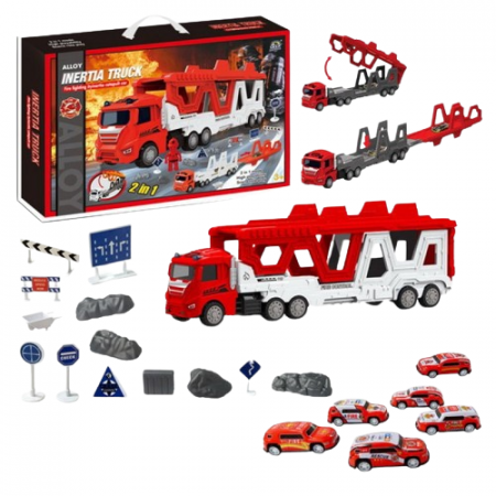 Masinute si Trenulete (3 ani+) - Set Camion Trailer cu Masinute de curse si accesorii Tir cu remorca 6 masinute