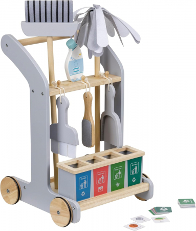 Bucatarii  de Jucarie(3 Ani+) - Set Carucior Curatenie Montessori cu 8 Accesorii