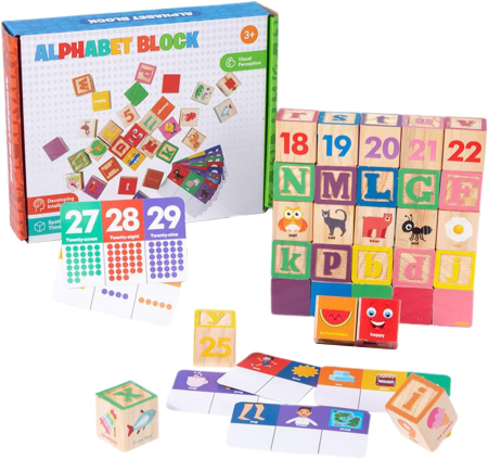 Jucarii din Lemn & Montessori - Set Cuburi Lemn Alfabet Block cu Carduri Educative, 3 Ani+