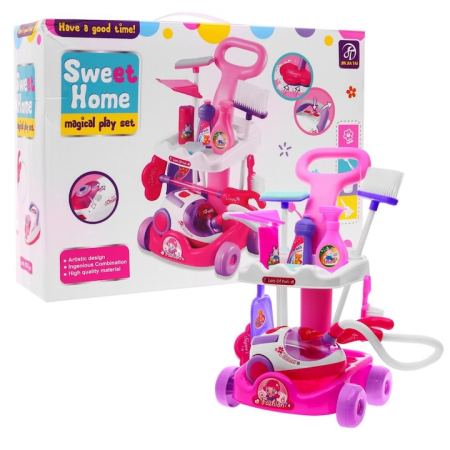 Papusi -Casute- Masute infrumusetare ( 3 ani +) - Set Curatenie Troler pentru copii cu Aspirator Functional si AccesoriiSet Curatenie Troler pentru copii cu Aspirator Functional si Accesorii