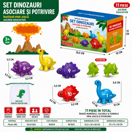 Jucarii din Lemn & Montessori - Set de Potrivire a Numerelor: Dinozaurii Colorați