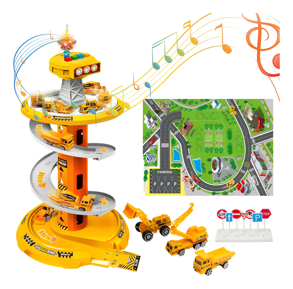 Set Parcare Auto Etajata cu Turn de Control Pistă Circulara Rotativa, Lumini di Sunete [2]