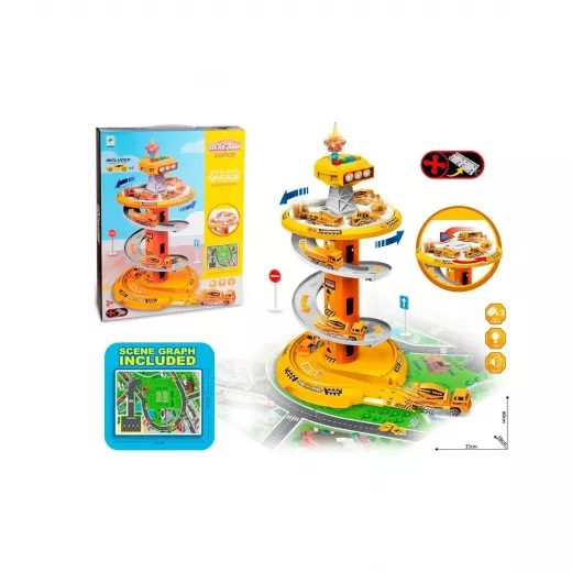 Set Parcare Auto Etajata cu Turn de Control Pistă Circulara Rotativa, Lumini di Sunete [1]