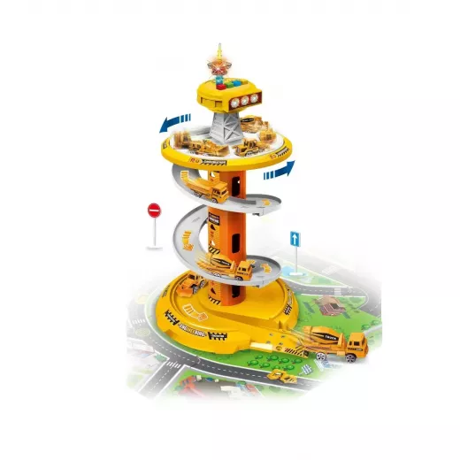 Masinute si Trenulete (3 ani+) - Set Parcare Auto Etajata cu Turn de Control Pistă Circulara Rotativa, Lumini di Sunete