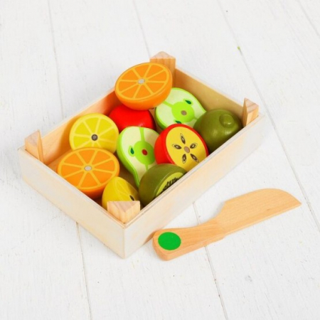 Jucarii din lemn si Montessori - Set Fructe legume din Lemn, pentru Feliat, cu prindere Magnet cu Tavita mica