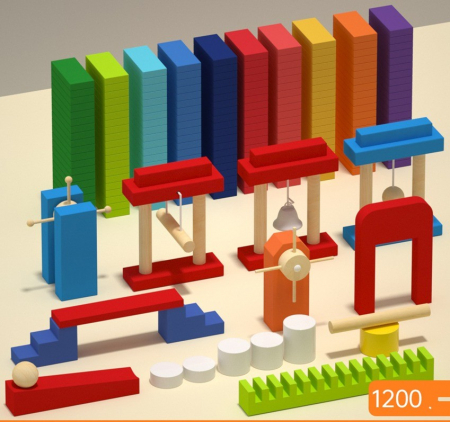 Jucarii din lemn si Montessori - Set jucarii Domino cu capcane – 1200 piese colorate, cu mingi, poduri si obstacole interactive